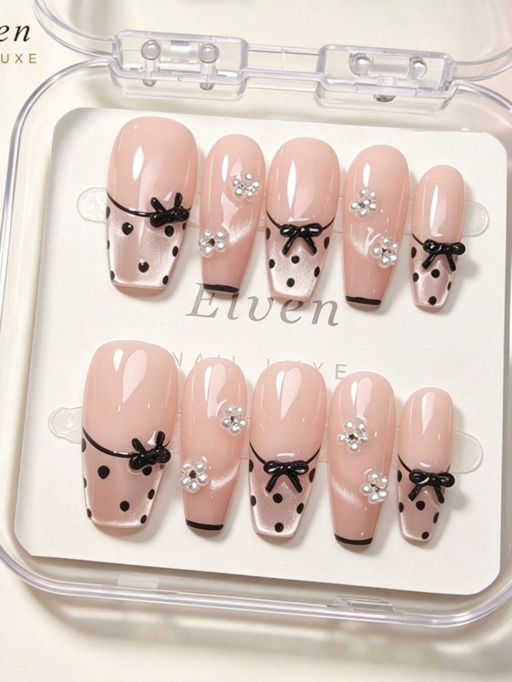 Sweet Coquette Nude Pink Cat Eye Long Coffin Press On Nails & polka dots & bows